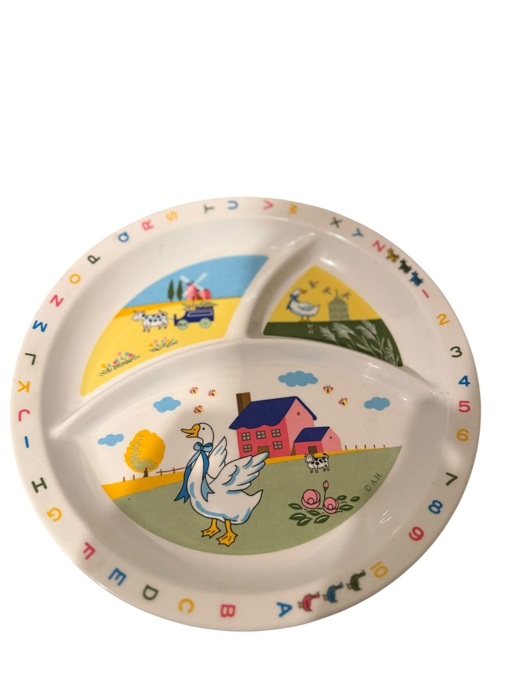 Vintage Kids Goose and Farm Animals Alphabet Rim Divided Melamine Plate